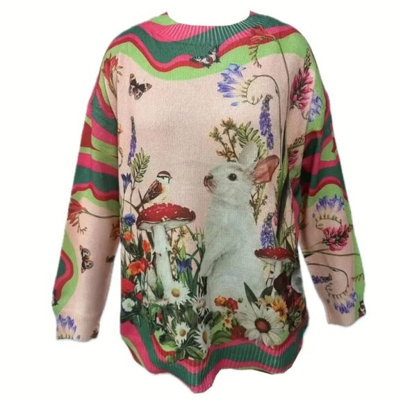 5XL Lightweight Crew Neck Sweater, Funky Alice In Wonderland Vibes, Fits like 4X - Picture 2 of 5